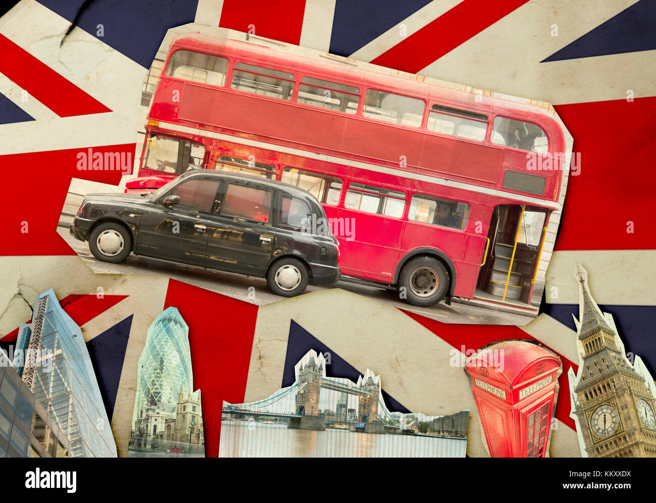 Collage de Big Ben, London Bus, Tower Bridge et de la ville de Londres
