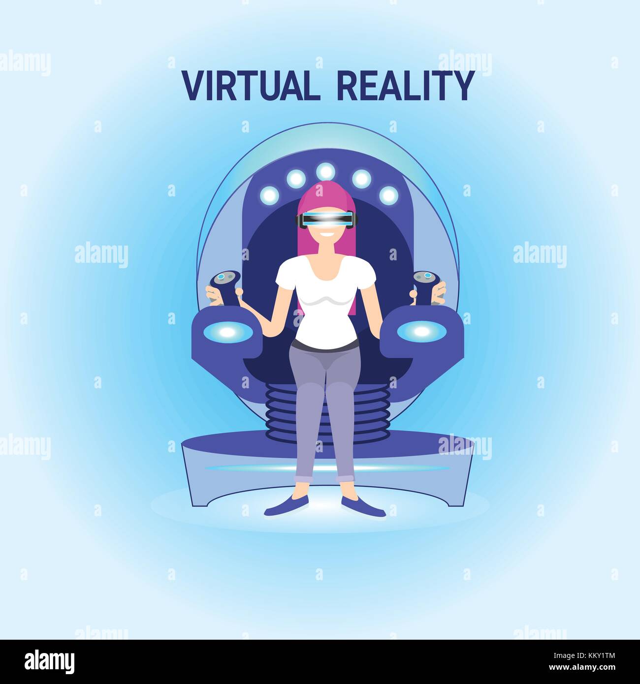 Femme en réalité virtuelle assis en simulateur vr portant des lunettes 3D technologie concept de simulation Illustration de Vecteur