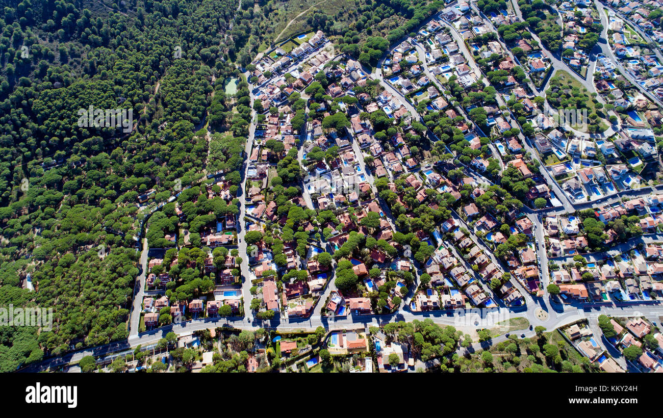 Photographie aérienne de maisons à l'Escala, Espagne Banque D'Images