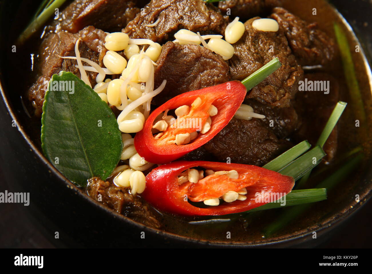 Rawon, la soupe au boeuf javanais dans Keluak Pangium edule (Bouillon) Banque D'Images