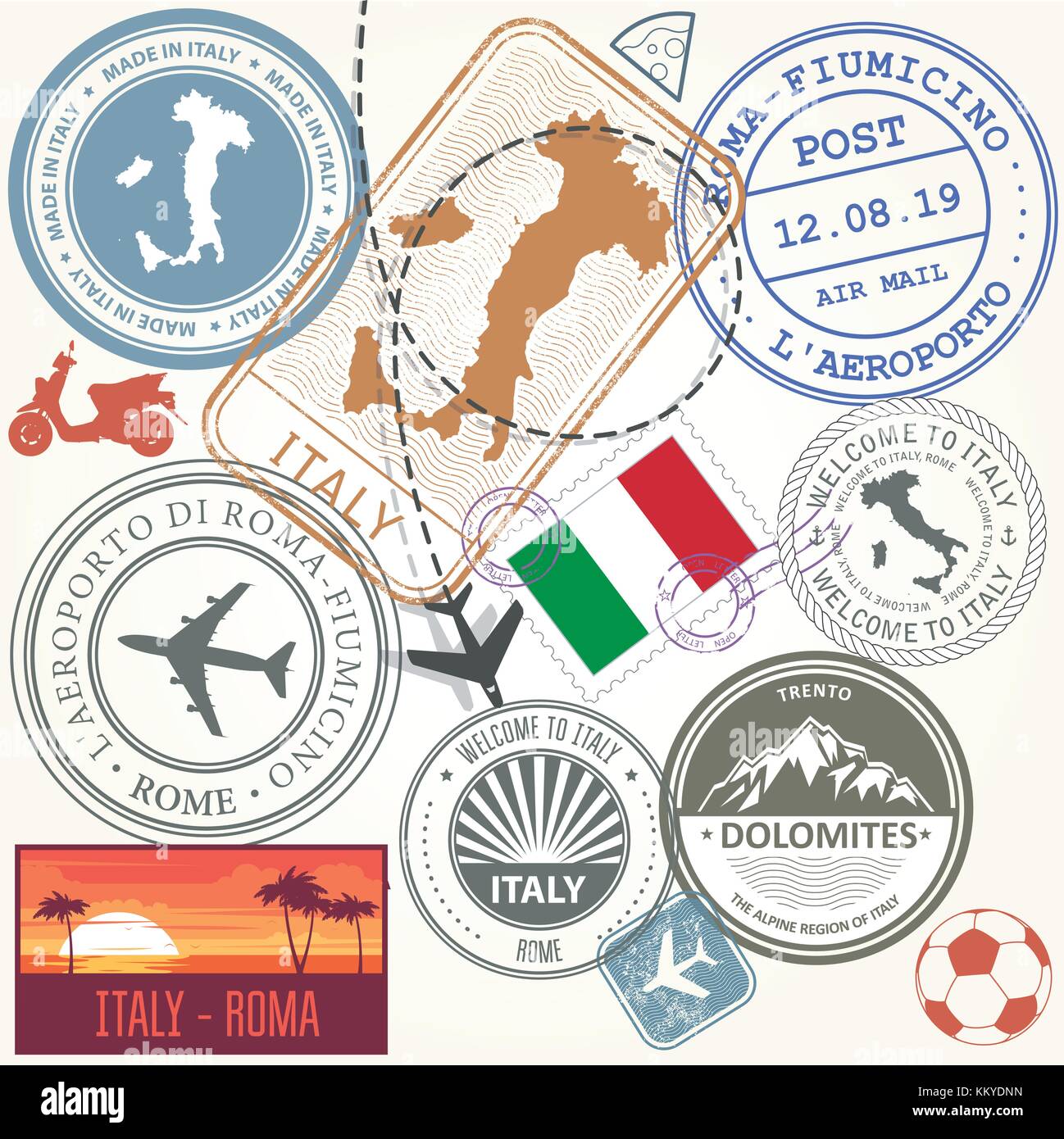 Les stamps set - l'Italie et Rome symboles voyage Illustration de Vecteur