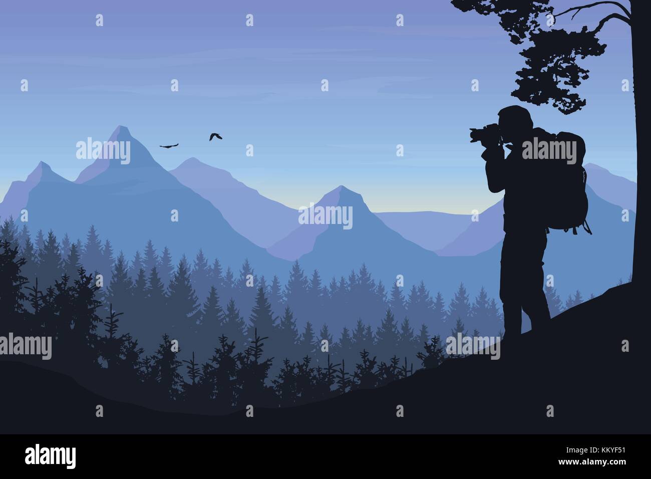 Un touriste photographier un oiseau en vol dans un paysage de montagne avec des forêts sous un ciel du matin avec Dawn et nuages - vector Illustration de Vecteur