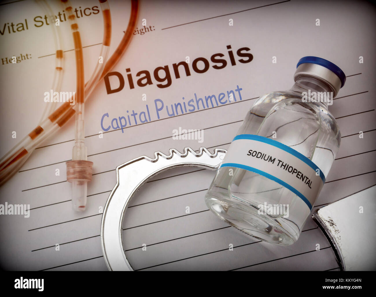 Forme de diagnostic et de résolution de la peine capitale, l'injection d'anesthésie le thiopental sodique mortel, conceptual image Banque D'Images