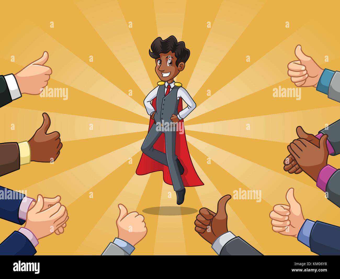 Superhero businessman en personnage avec de nombreux design Thumbs up et tapant dans les mains autour de lui, contre l'arrière-plan jaune. Illustration de Vecteur