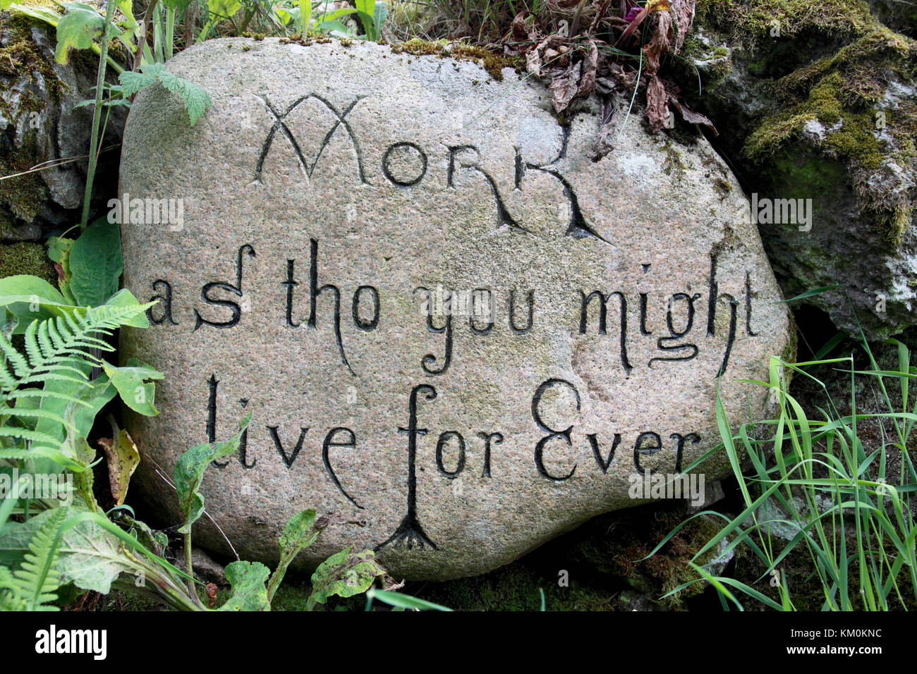 Une pierre avec l'aphorisme "travailler comme tho' vous pourriez vivre à jamais" Banque D'Images