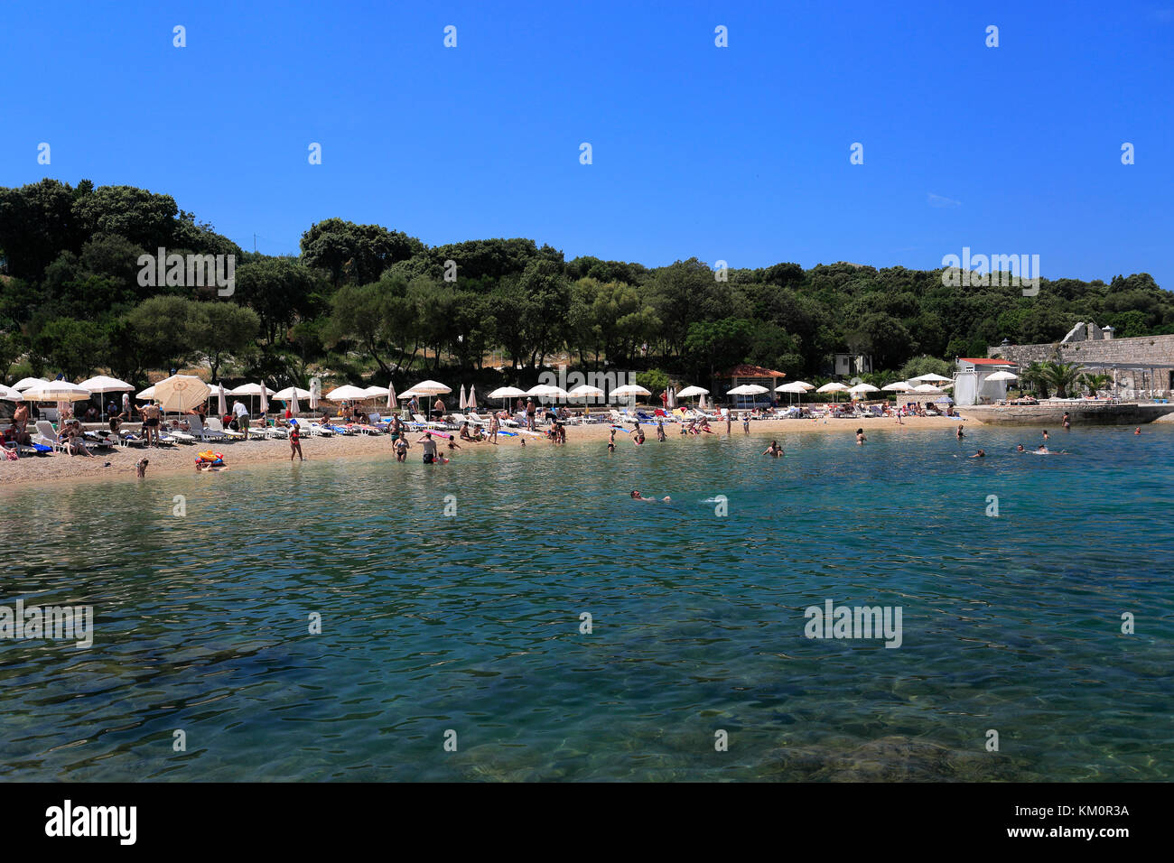 Vue sur la plage de Copa Cabana, Babin Kuk resort, Dubrovnik, la côte dalmate, Mer Adriatique, la Croatie, l'Europe. Banque D'Images