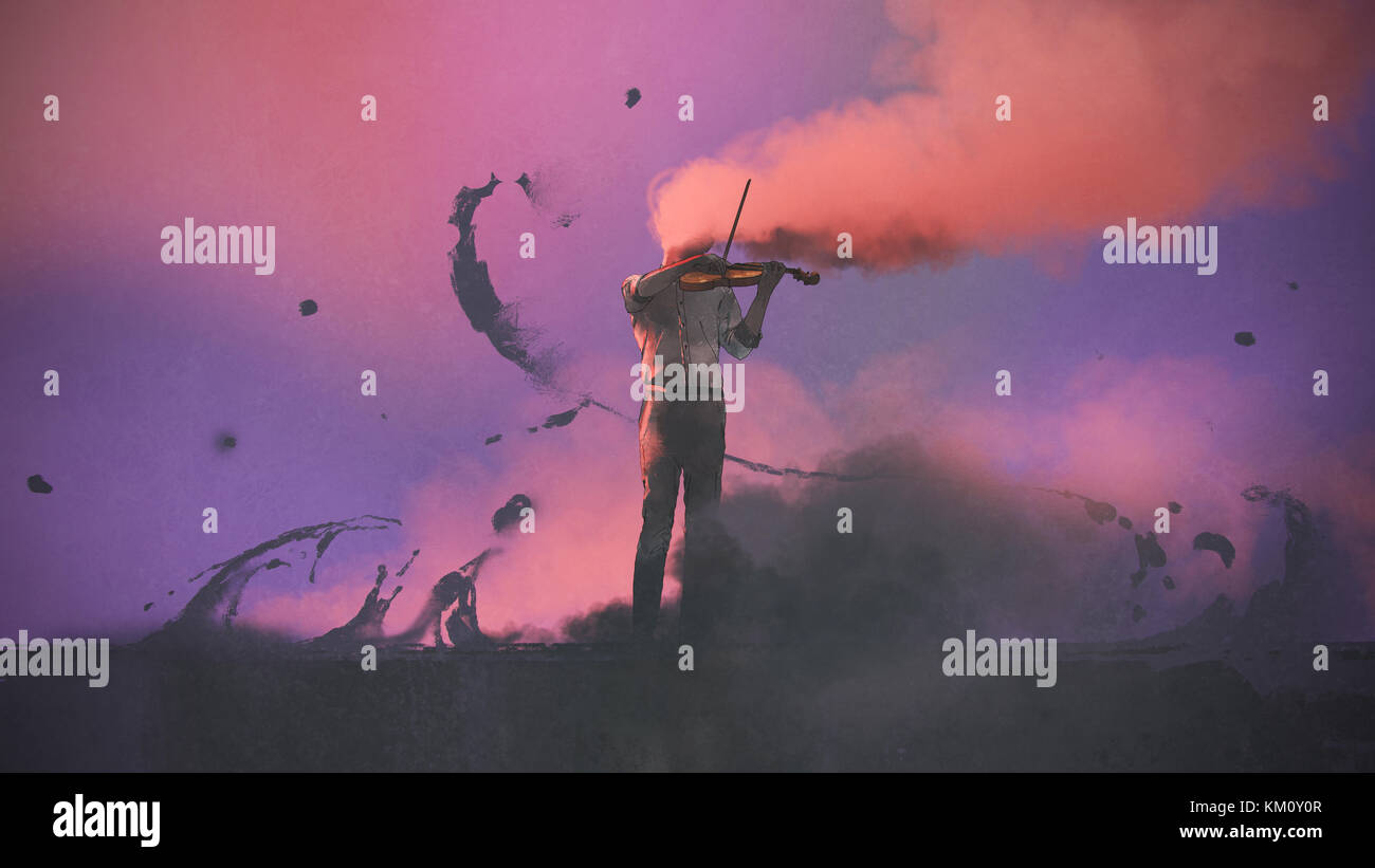 Concept surréaliste du mystère musicien avec la fumée de couleur jouant du violon, en style art numérique, illustration peinture Banque D'Images