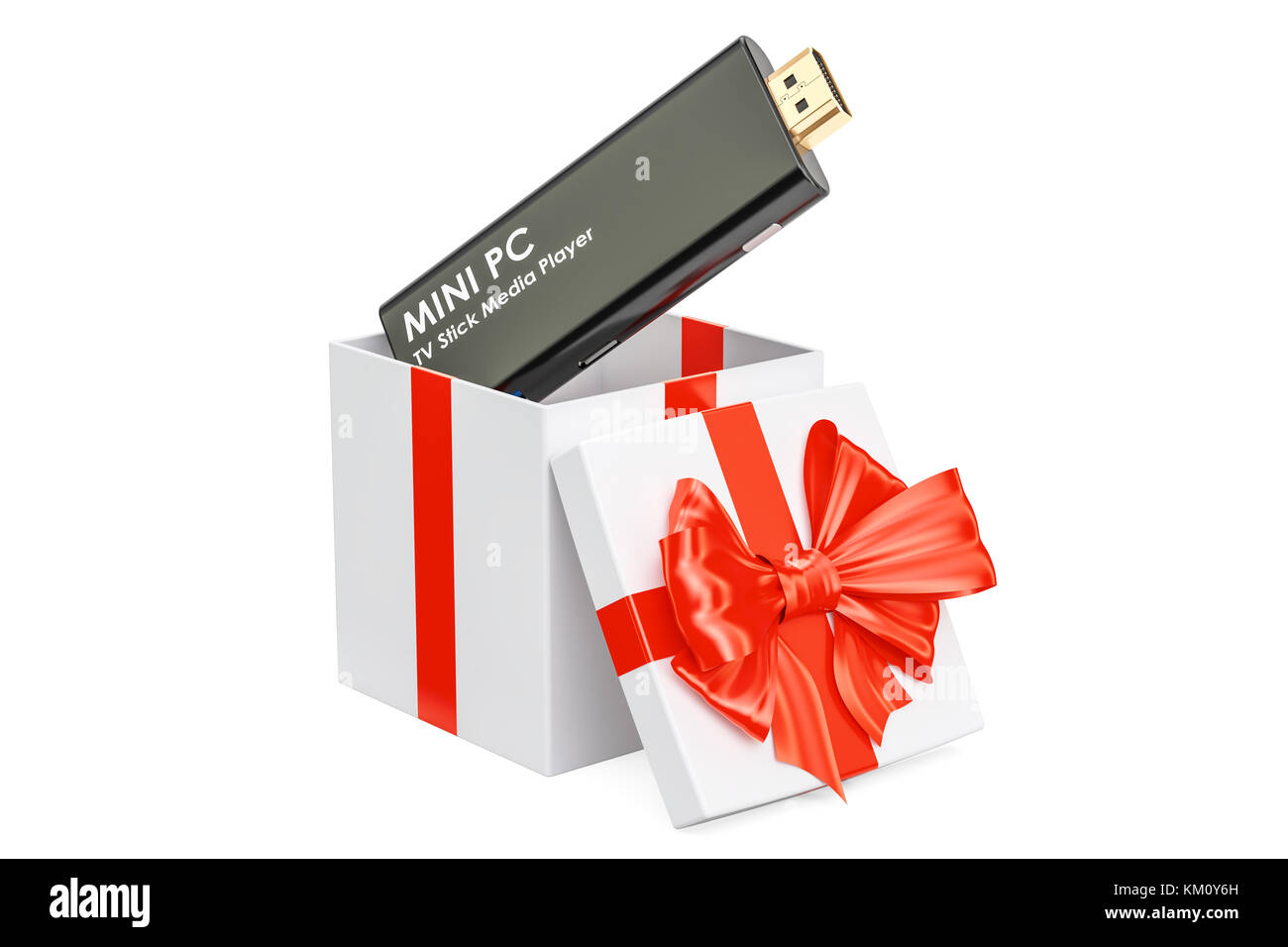 Mini Dongle PC TV Stick à l'intérieur de boîte-cadeau, cadeau concept. Le rendu 3D isolé sur fond blanc Banque D'Images