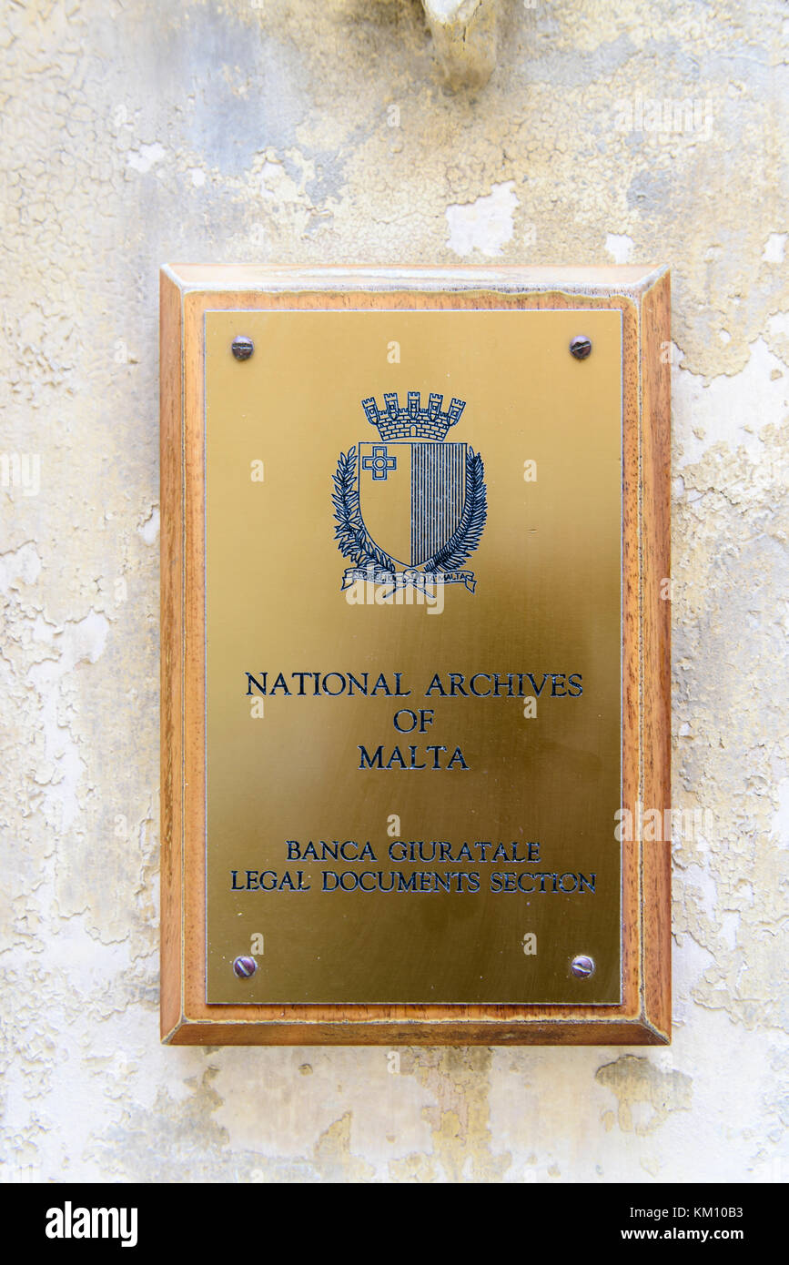 Inscrivez-vous pour les Archives nationales de Malte, qui tient des dossiers juridiques et du Gouvernement maltais et organes statutaires pour examen public. Banque D'Images