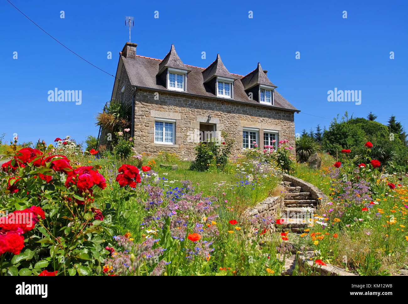 Ancienne maison typique et un jardin en Bretagne, France Banque D'Images