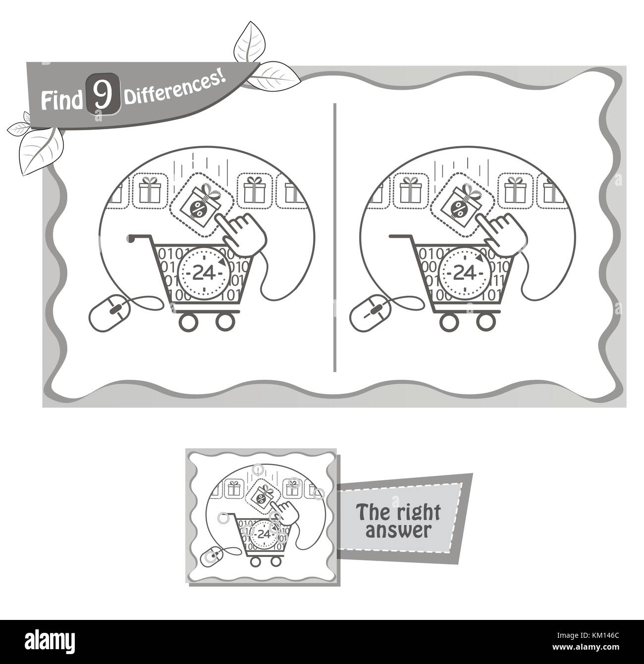 Jeu visuel pour enfants et adultes. tâche de trouver 9 différences dans les remises. vector illustration noir et blanc Illustration de Vecteur