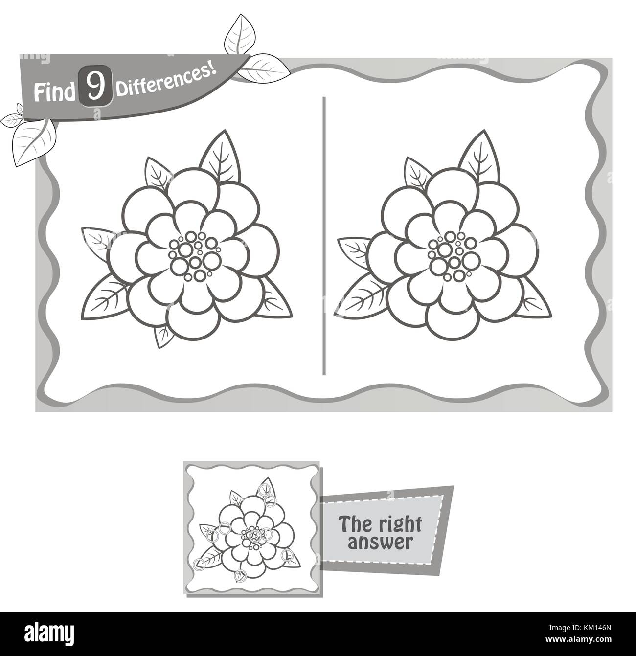 Jeu visuel pour enfants et adultes. tâche de trouver 9 différences dans la fleur. vector illustration noir et blanc Illustration de Vecteur
