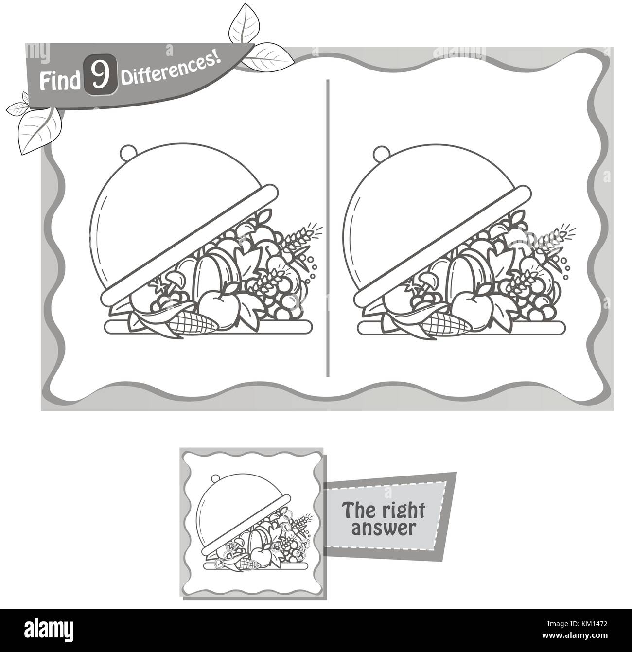 Jeu visuel pour enfants et adultes. tâche de trouver 9 différences dans le plateau de nourriture. noir et blanc vector illustration Illustration de Vecteur