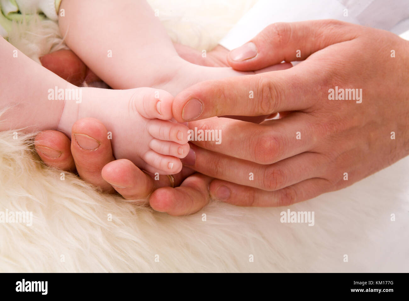 Les pieds de bébé au père Palms sur la fourrure blanche Banque D'Images