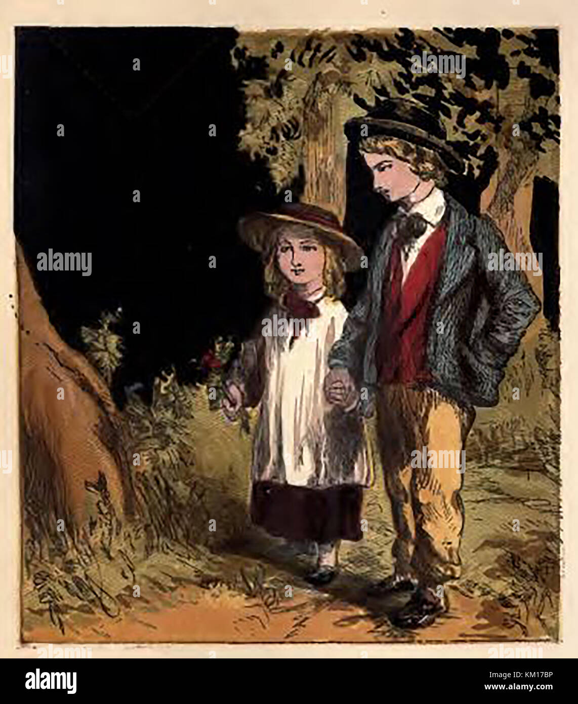 Une illustration couleur d'un garçon et fille victorienne dans leur meilleure tenue du dimanche sur une promenade à cueillir des fleurs pour la fête des mères (19ème siècle) page du livre pour enfants Banque D'Images