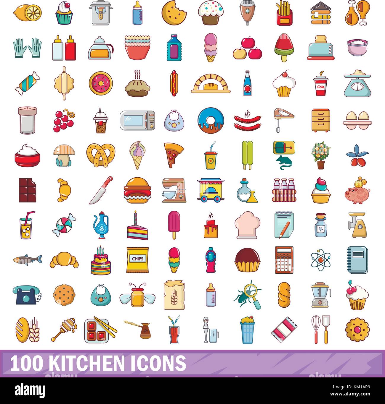 100 icons Set de cuisine, style cartoon Illustration de Vecteur