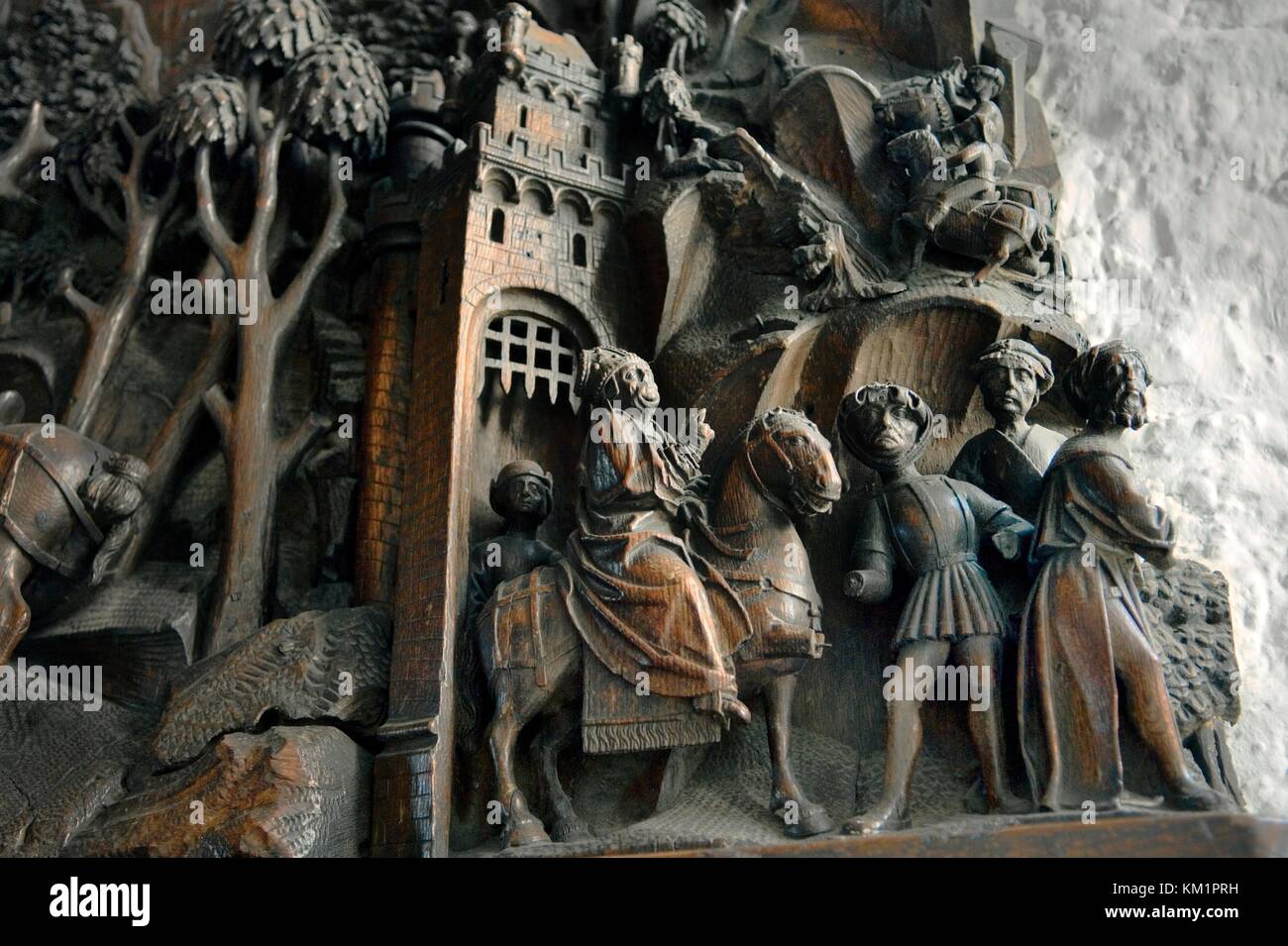 Château de Bunratty. Comté de Clare, Irlande. Détail médiéval de sculpture sur bois dans le Grand Hall Banque D'Images