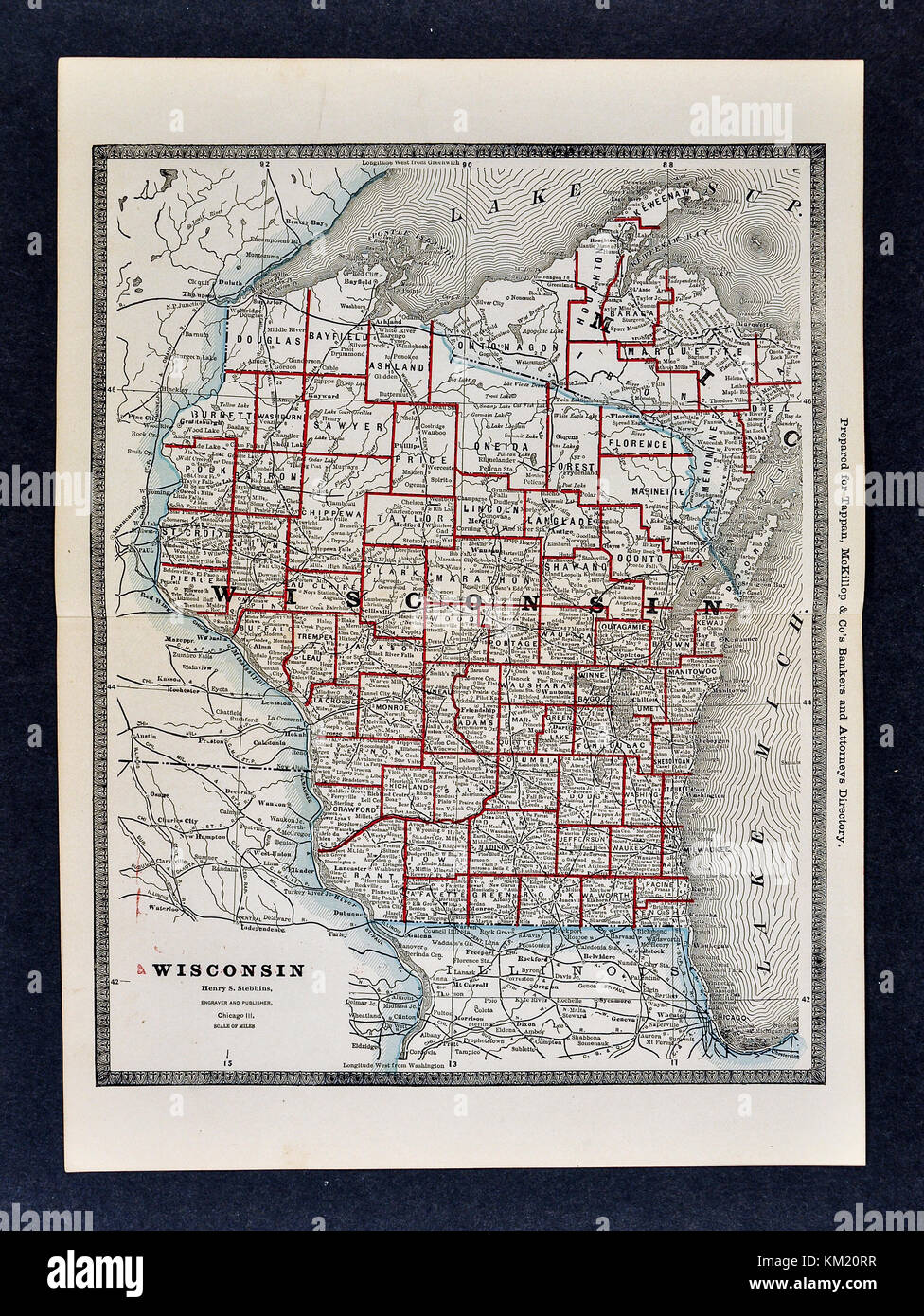George Cram Carte antique de 1866 Atlas pour avocats et banquiers : États-Unis - Wisconsin - Madison Green Bay Marquette Banque D'Images