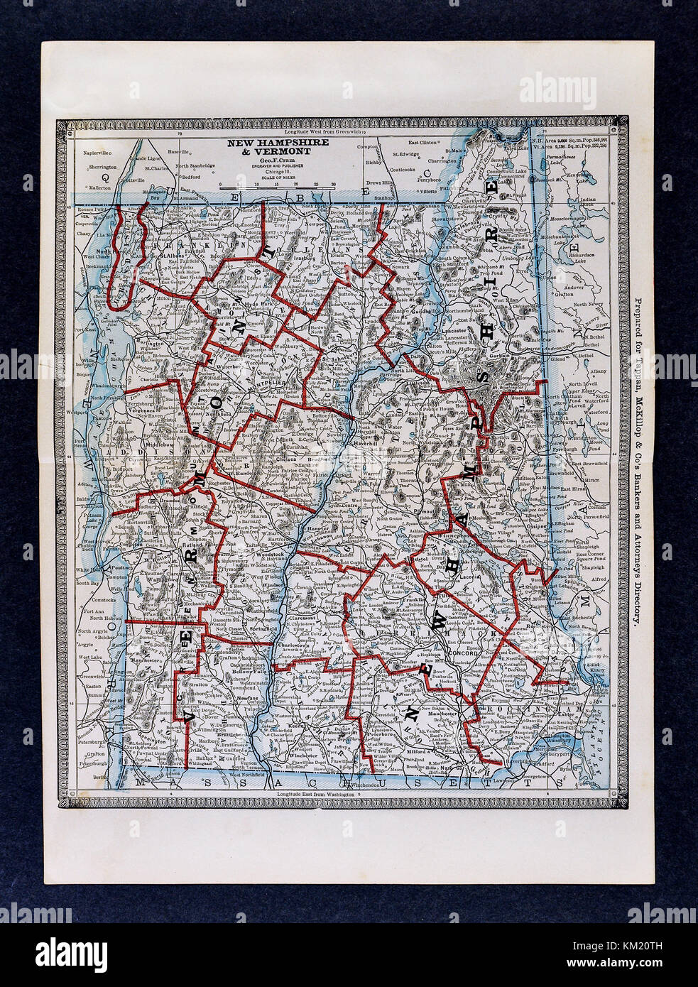 George Cram Antique Map de 1866 Atlas pour les avocats et les banquiers : États-Unis - Vermont & New Hampshire Concord Montpelier Banque D'Images