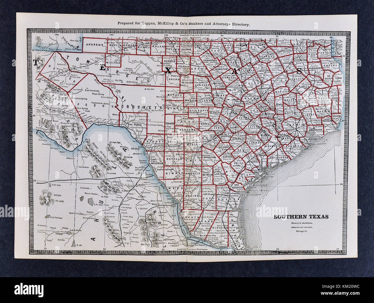 George Cram Carte antique de 1866 Atlas pour avocats et banquiers : États-Unis - Sud du Texas - Austin San Antonio Brownsville El Paso Banque D'Images