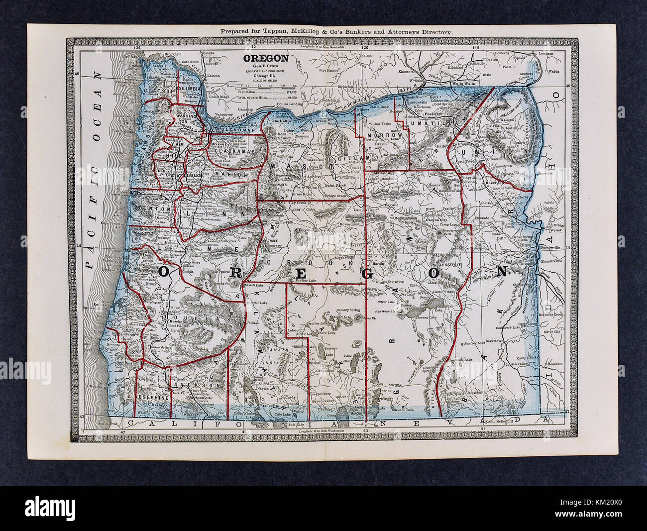 George Cram Carte antique de 1866 Atlas pour avocats et banquiers : États-Unis - Oregon - Eugene Salem Empire City Astoria Banque D'Images