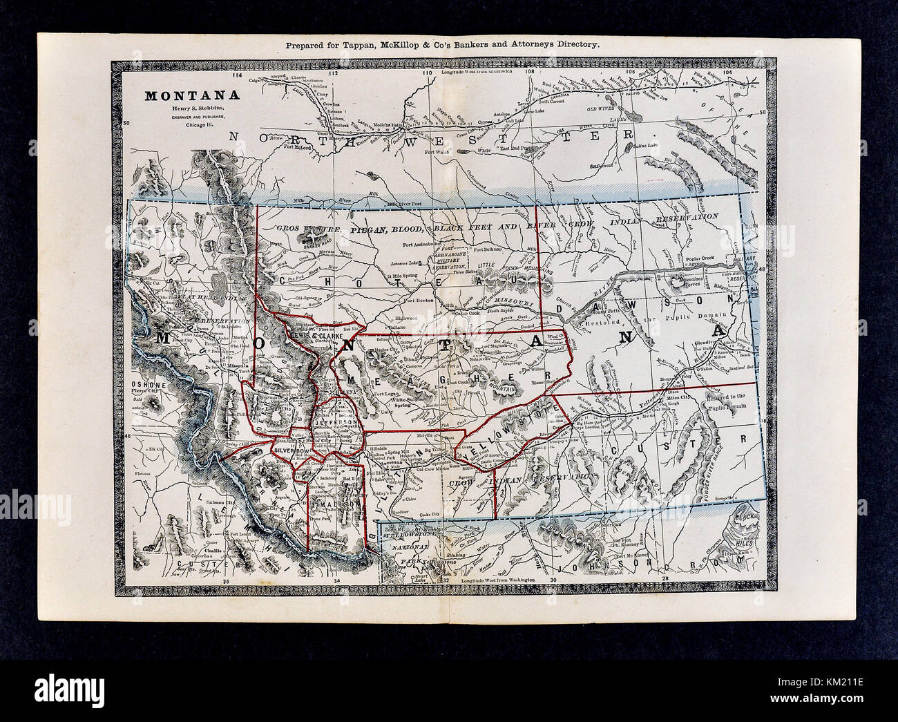 George Cram Carte antique de 1866 Atlas pour avocats et banquiers : États-Unis - Montana Billings - Helena Missoula Butte Banque D'Images