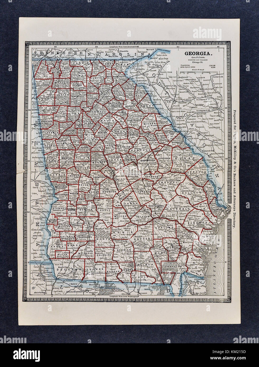 George Cram Carte antique de 1866 Atlas pour avocats et banquiers : Géorgie États-Unis Atlanta Savannah Athènes Banque D'Images