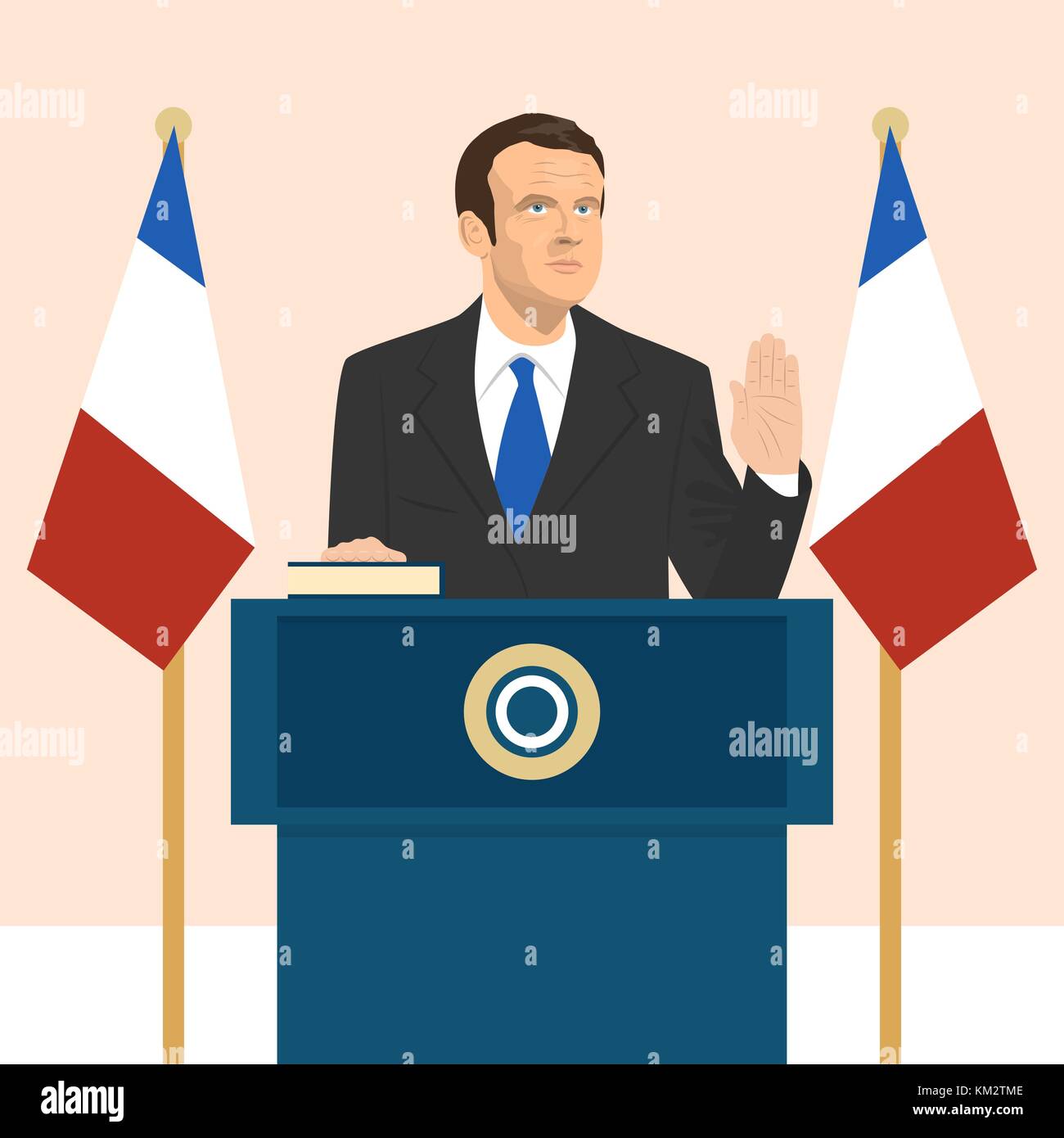 02.12.2017 illustration éditoriale du président de france emmanuel macron que prend un serment sur le drapeau français. Illustration de Vecteur