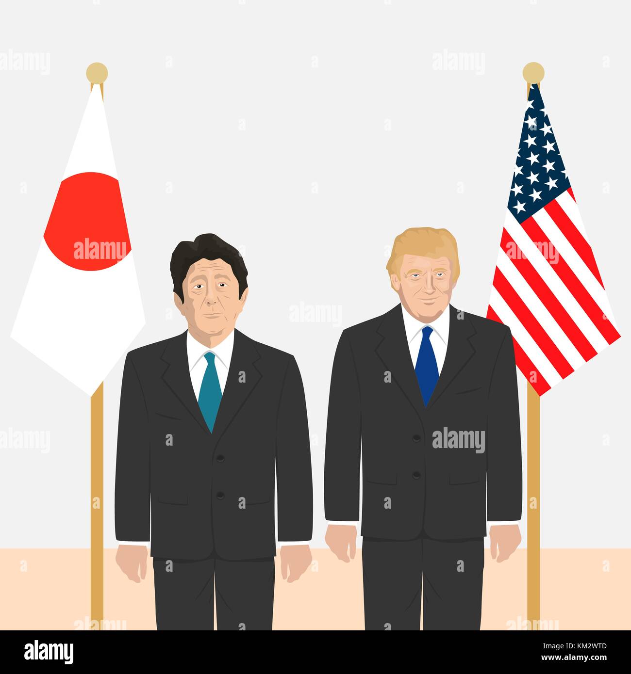 03.12.2017 Editorial illustration du premier ministre japonais Shinzo Abe et le président américain Donald Trump sur fond de drapeaux. Illustration de Vecteur