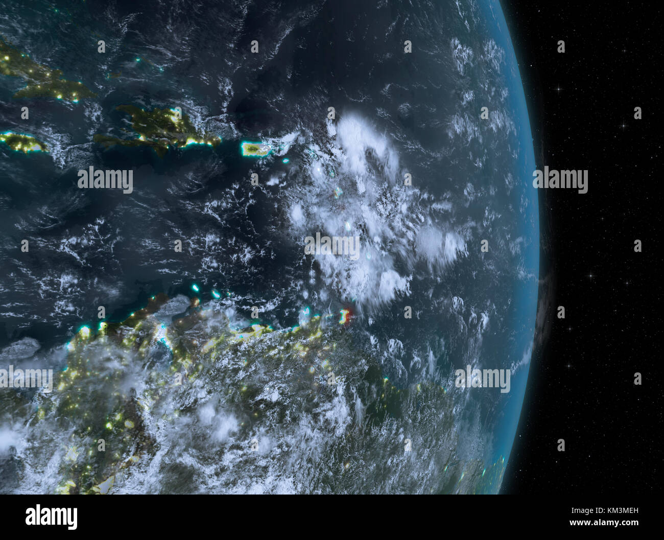 Caraïbes de l'orbite de la planète Terre avec des nuages la nuit avec des textures de surface très détaillées. Illustration 3D. Éléments de cette image fournis par Banque D'Images
