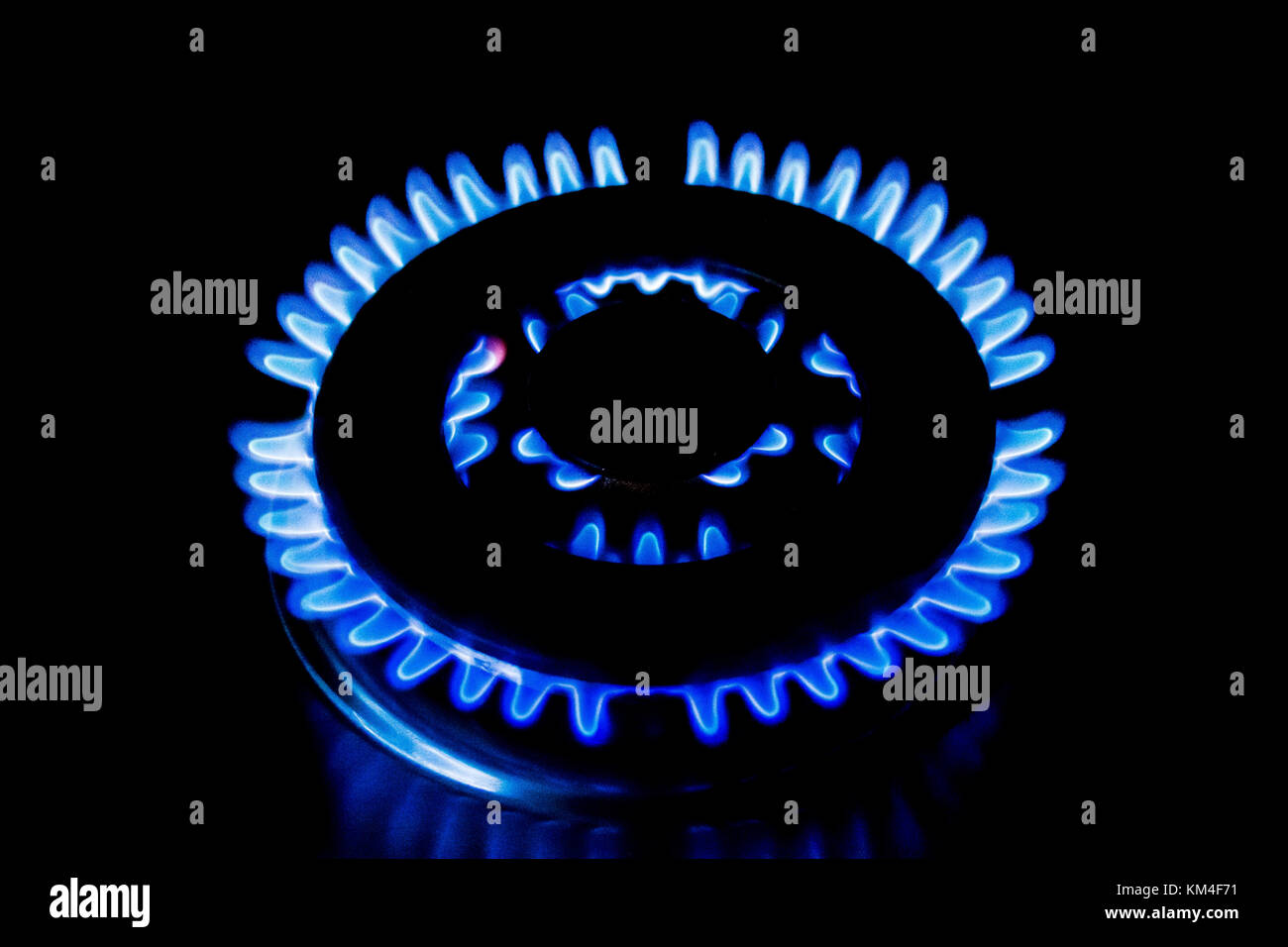 Gros plan d'une flamme bleue d'une table de cuisson à gaz Banque D'Images