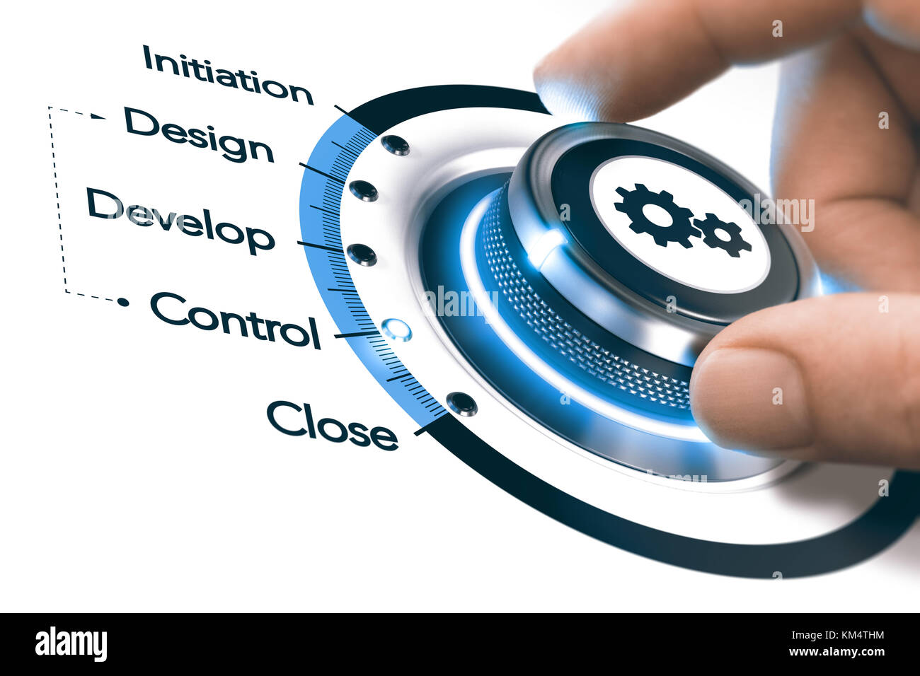 L'aide d'une molette à la main sur fond blanc et la gestion de projet phases. composite image entre la photographie d'une main et d'un background 3d Banque D'Images