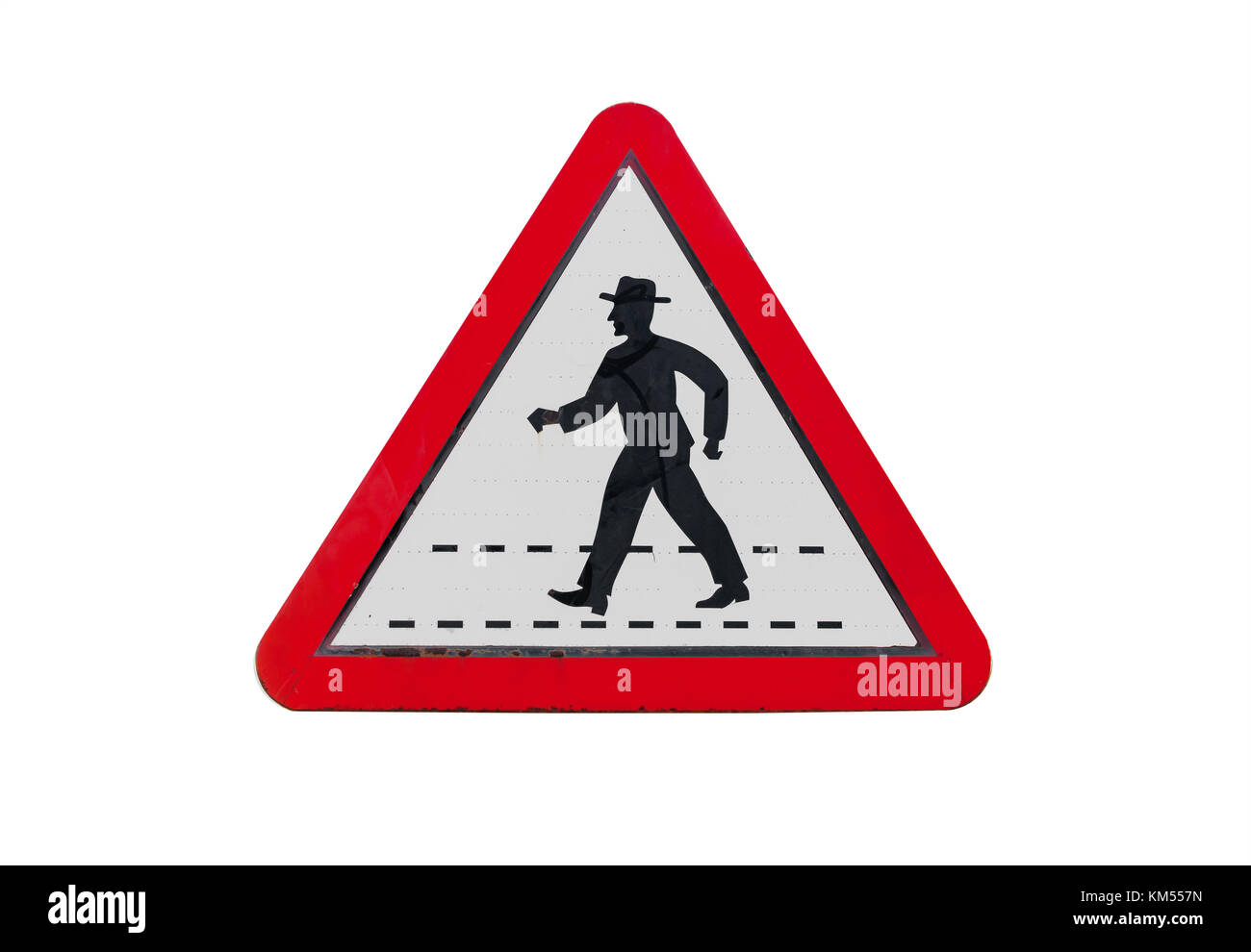 Triangle de signalisation avec l'homme en marche schéma hat isolated on white. zone piétonne passage piétons de l'avant Banque D'Images