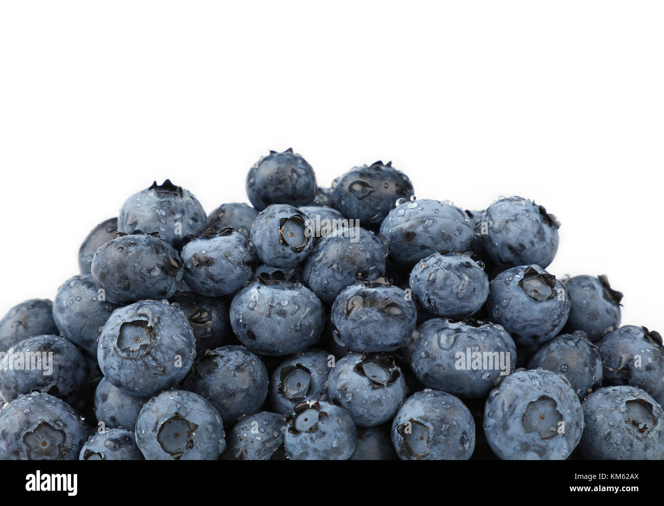 Tas de petits fruits bleuets frais lavés avec de l'eau humide gouttes isolé sur fond blanc, Close up, low angle view Banque D'Images