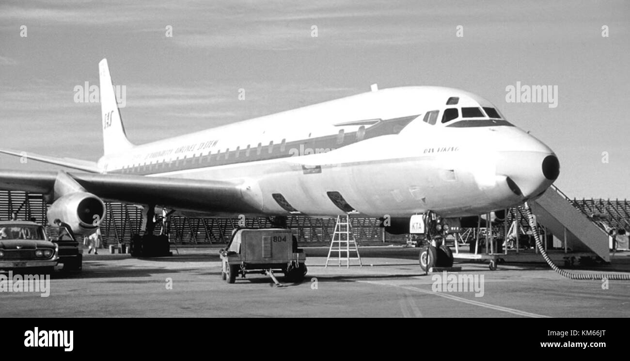 SAS DC 8 33, Dan Viking, OY KTA prêt pour le décollage, premier vol depuis l'installation de douglas à long Beach, Californie, États-Unis Banque D'Images