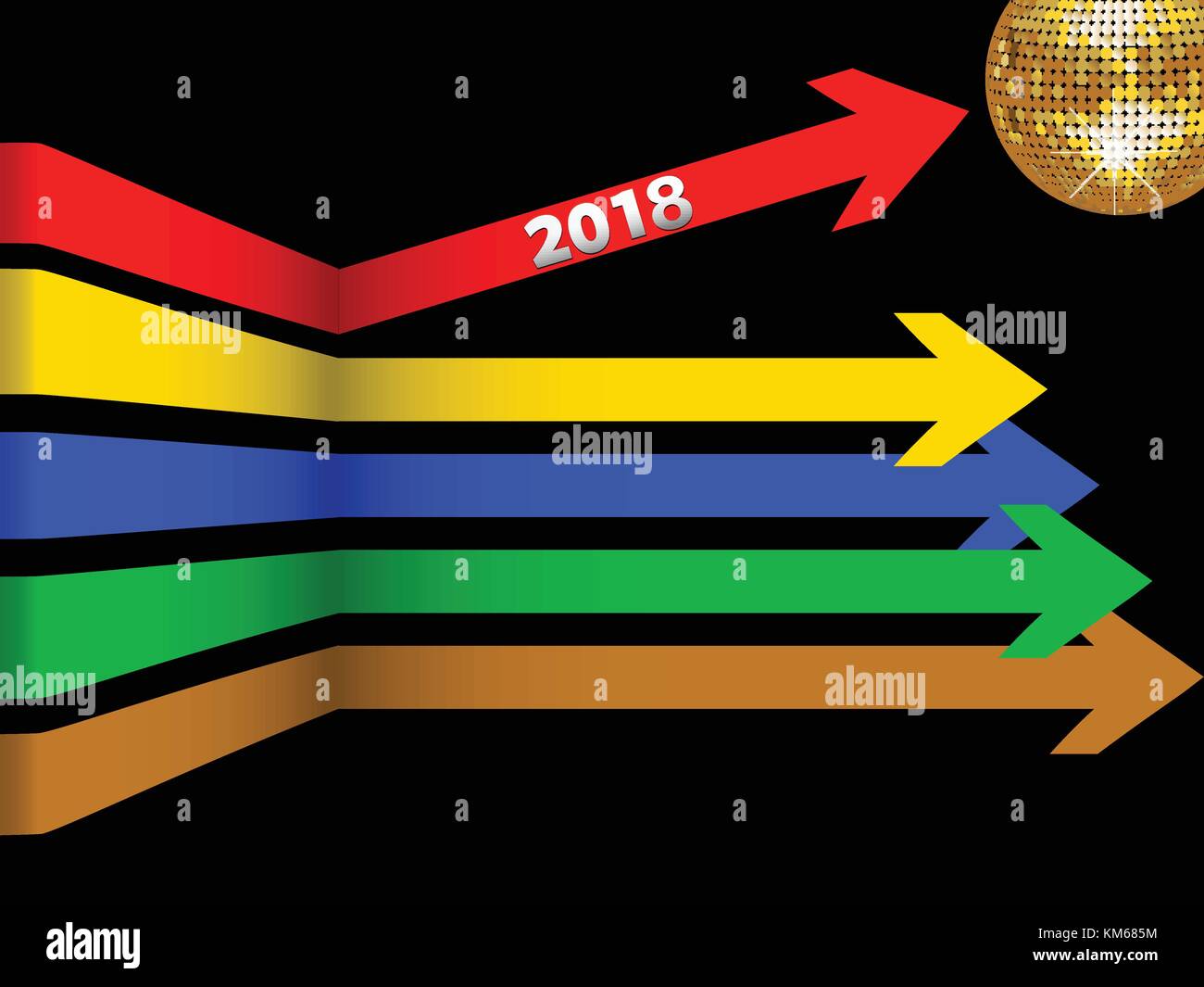 3d illustration de flèches multicolores avec 2018 nouveaux ans date et boule disco d'or sur fond noir Illustration de Vecteur