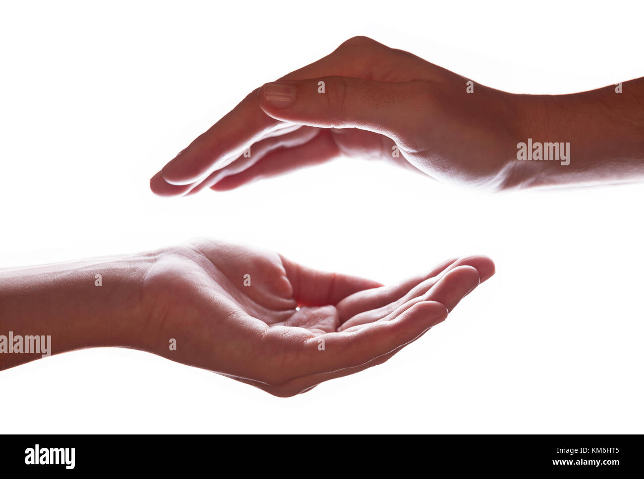 Femme ou femme prit les mains d'une protection, protection de l'environnement, de sécurité ou safe concept symbole. rétro-éclairage ou rétro-éclairage pour l'éclairage design silhouettes Banque D'Images