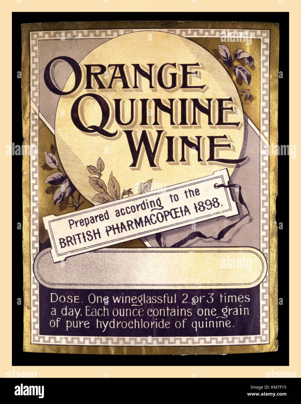 1890 VINTAGE Orange MÉDICINALES QUININE Quinine Wine label 1890 verre quinine médicinales Banque D'Images