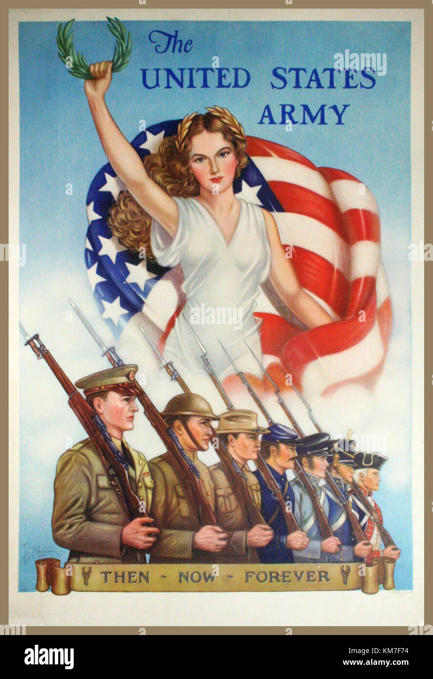 L'AFFICHE DE PROPAGANDE WW2 USA 1940 Puis-MAINTENANT-FOREVER, 1940. Vintage United States Army affiche de recrutement par Thomas Woodburn titrées avec puis - maintenant - pour toujours. Cette affiche illustre les soldats américains vêtus de l'uniforme militaire à travers les âges, dominé par une figure féminine patriotique au-dessus drapé dans un drapeau américain. Banque D'Images