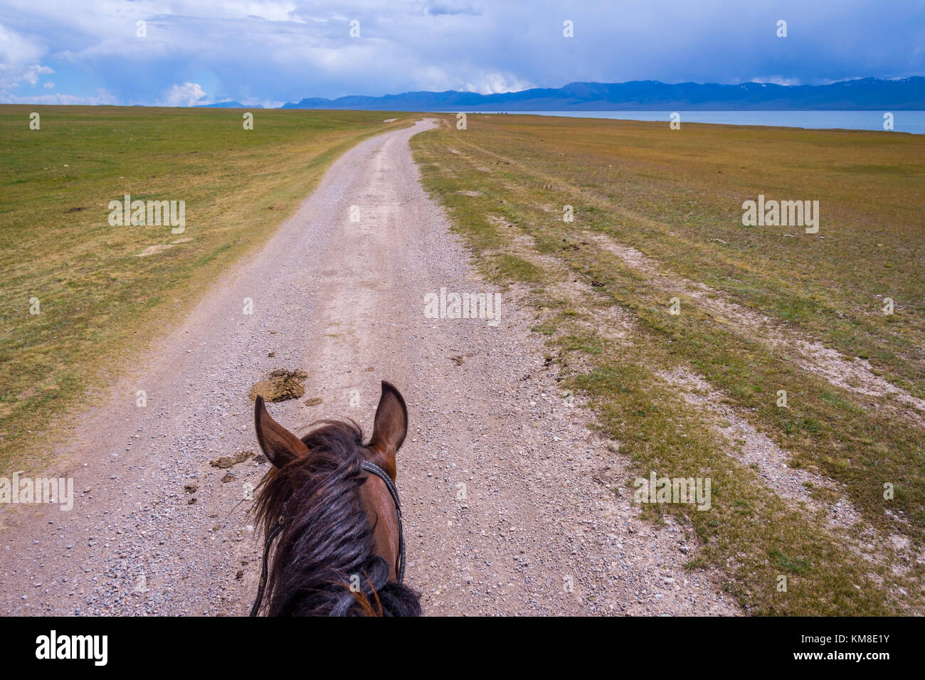 Première personne vue depuis le cheval autour du lac song kul, Kirghizistan Banque D'Images