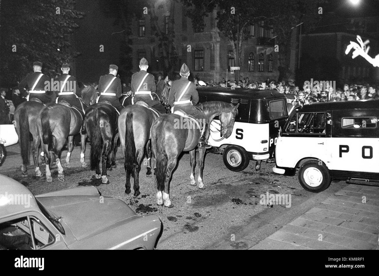 Cette photographie représente la police montée dans un blocus lors de manifestations publiques à Stockholm, illustrant le rôle des forces de l'ordre dans le contrôle des foules lors de troubles civils. Banque D'Images