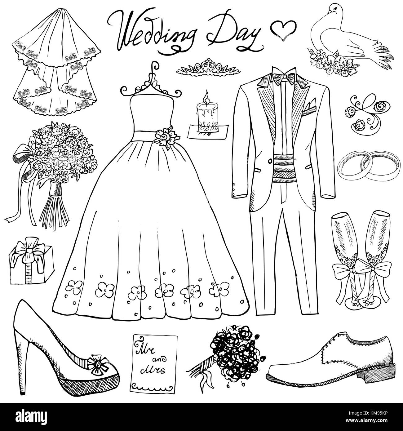 Jour de mariage éléments. hand drawn ensemble avec bougie fleurs Bride dress et tuxedo costume, chaussures, lunettes pour champaign et attributs de fête. dessin doo Illustration de Vecteur