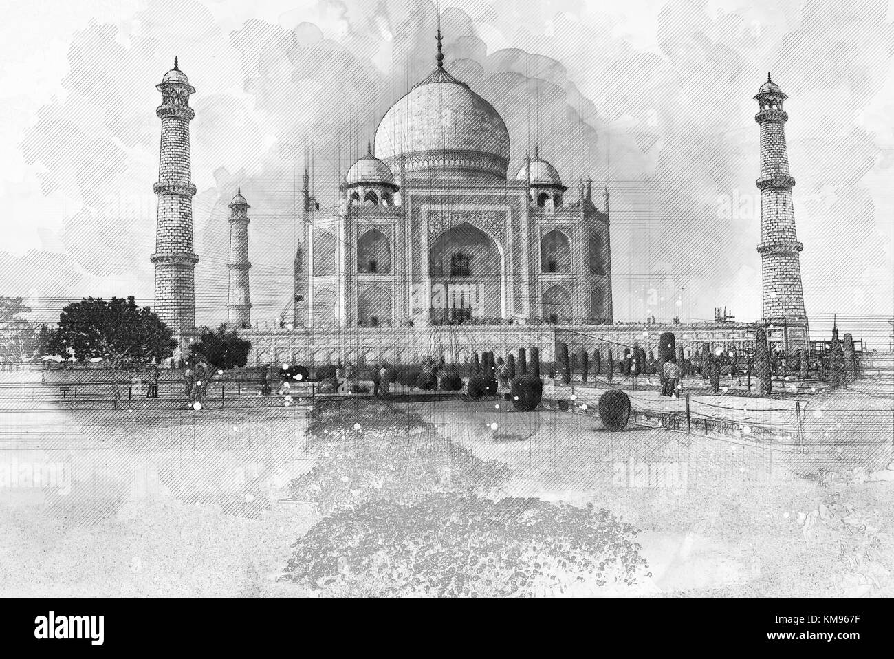 Taj Mahal inde croquis illustration art avec les lignes de perspective Banque D'Images