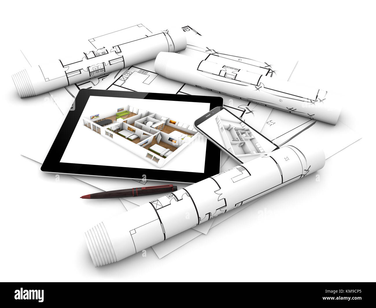 Concept design moderne : rendre d'une tablette et smartphone avec télévision projet sur l'écran sur des parcelles et s'inspire de l'architecture isolated on white backgrou Banque D'Images