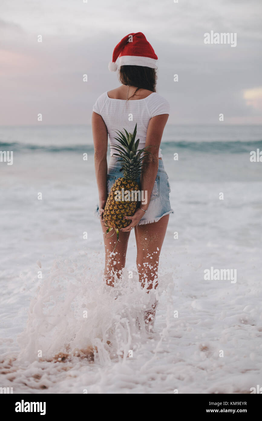 Femme portant un chapeau de Noël dans un surf océanique tenant un ananas derrière son dos, Haleiwa, Hawaii, États-Unis Banque D'Images