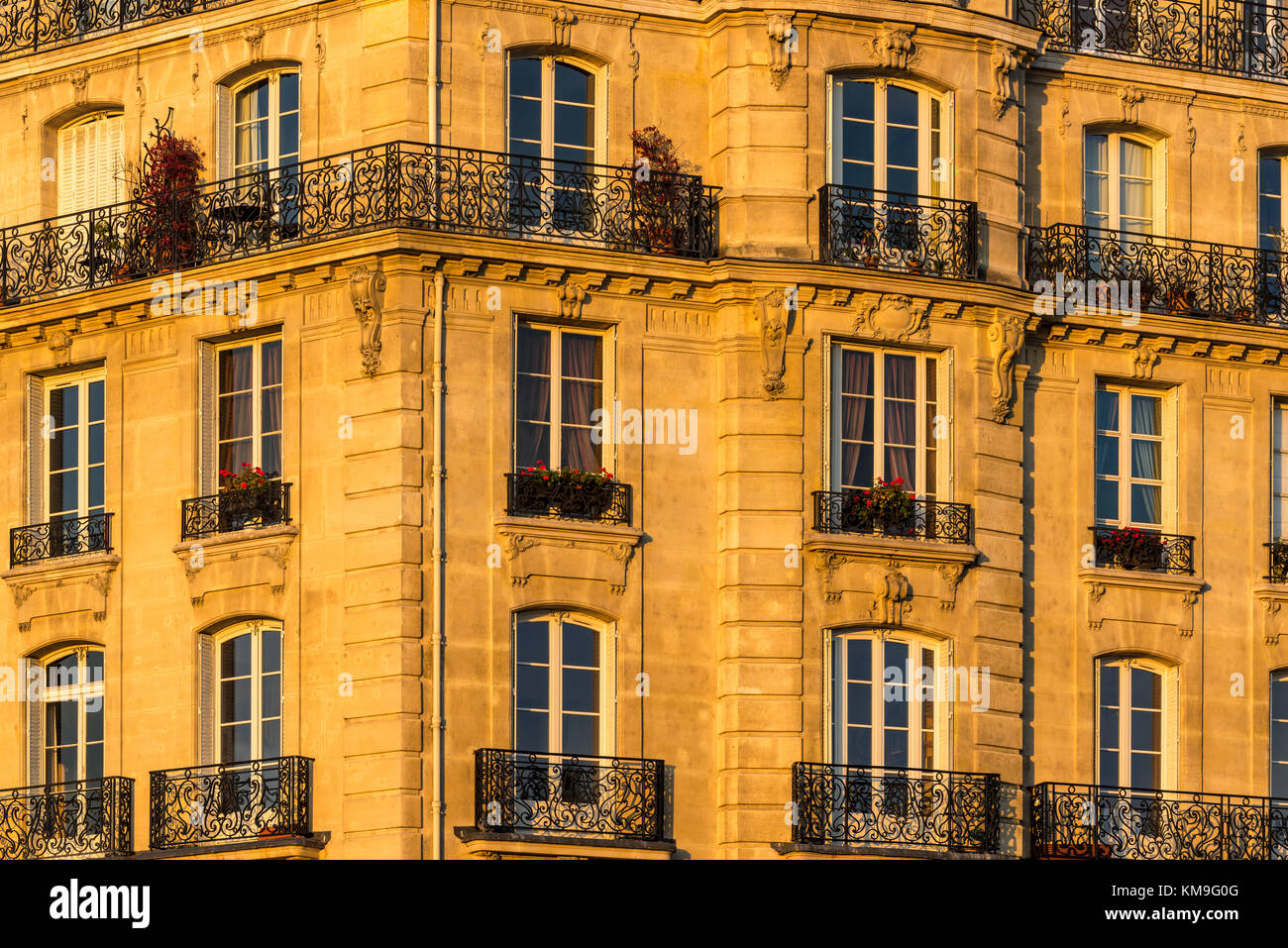 La façade de l'immeuble haussmannien au coucher du soleil sur l'Ile de la Cité. 4ème arrondissement, Paris, France Banque D'Images