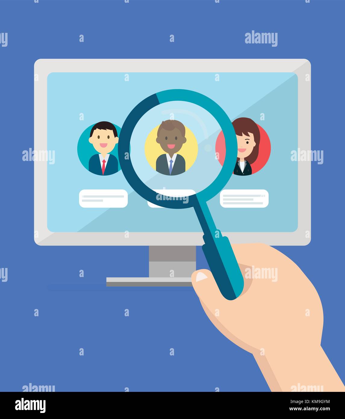 Concept.computer profil recherche de personnes sur un bureau et hand holding magnifying glass plus recherche personne sur l'écran vector illustration.Les droits de ressources Illustration de Vecteur