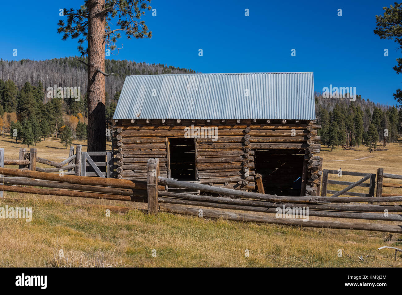 Grange journal sur un ranch historique dans Valles Grande dans Valles Caldera National Preserve, un préserver géré par le National Park Service, New Mexico, USA Banque D'Images