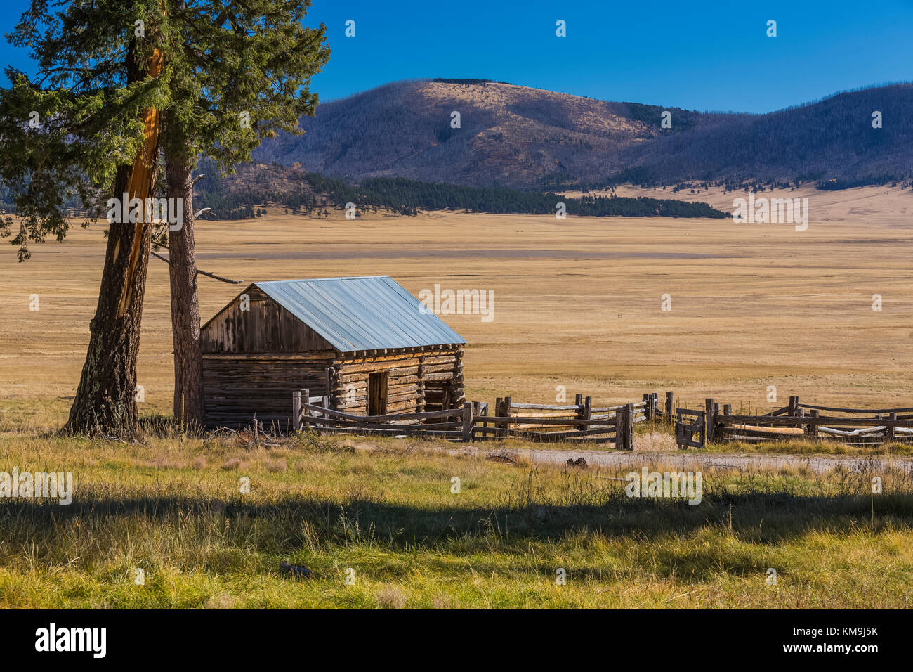 Grange journal sur un ranch historique dans Valles Grande dans Valles Caldera National Preserve, un préserver géré par le National Park Service, New Mexico, USA Banque D'Images
