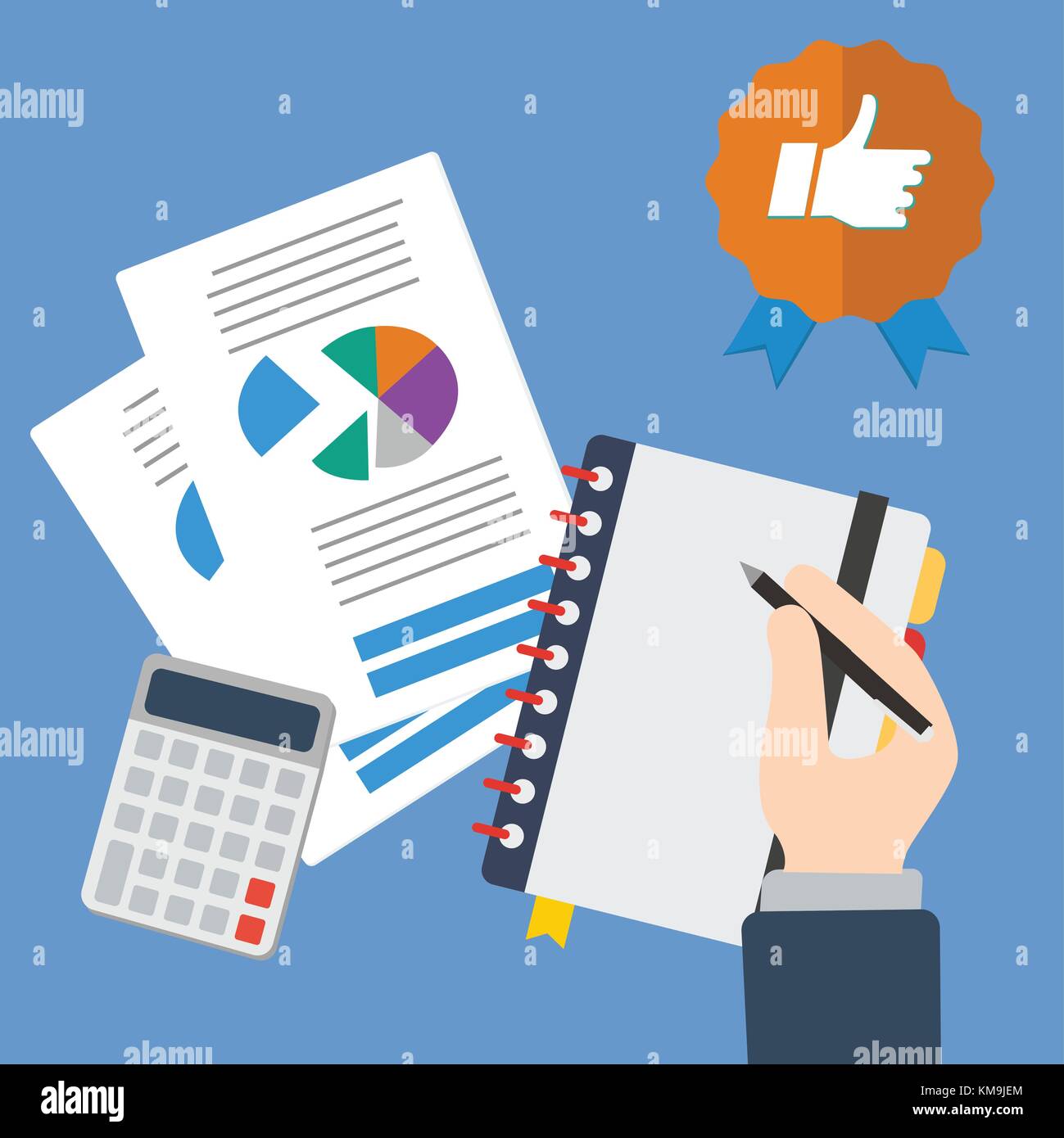 La main d'affaires avec des feuilles d'écriture et d'illustration vectorielle calculatrice. finances et de bonnes affaires.concept concept comptable vector Illustration de Vecteur